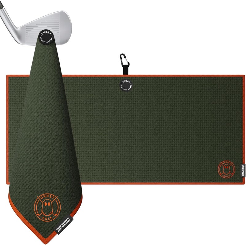 Ghost Golf Magnetic Towel (Caddie) - Premium Ultra-Absorbent Microfiber Golf Towel with Magnet for Golf Carts or Clubs - 18" x 40" Golfing Gear - Waffle Weave Pattern (Green) - Image 1